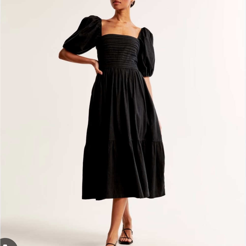 Abercrombie & Fitch Black Midi Dress with Puff Sleeves